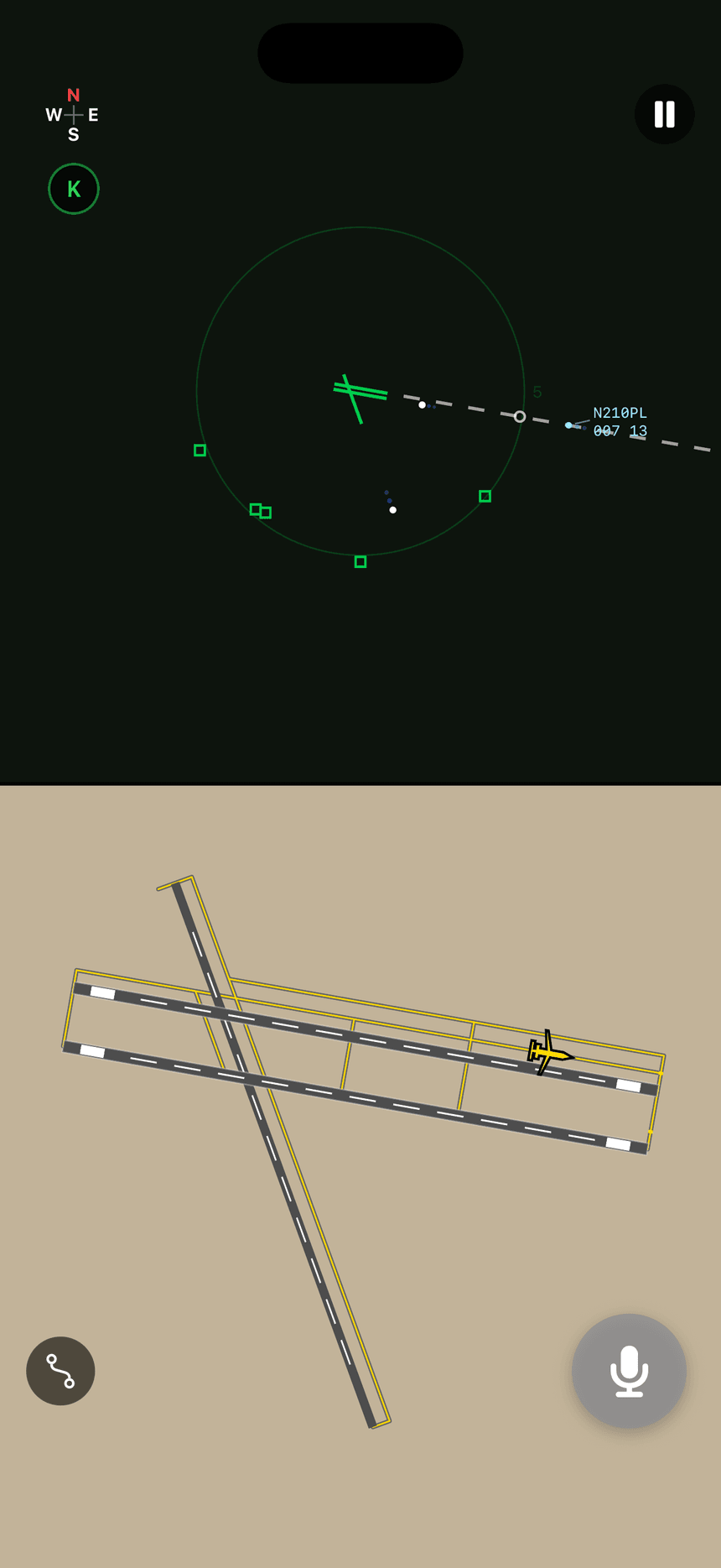 ATC Tower Trainer tower simulator screen with radar and aircraft traffic